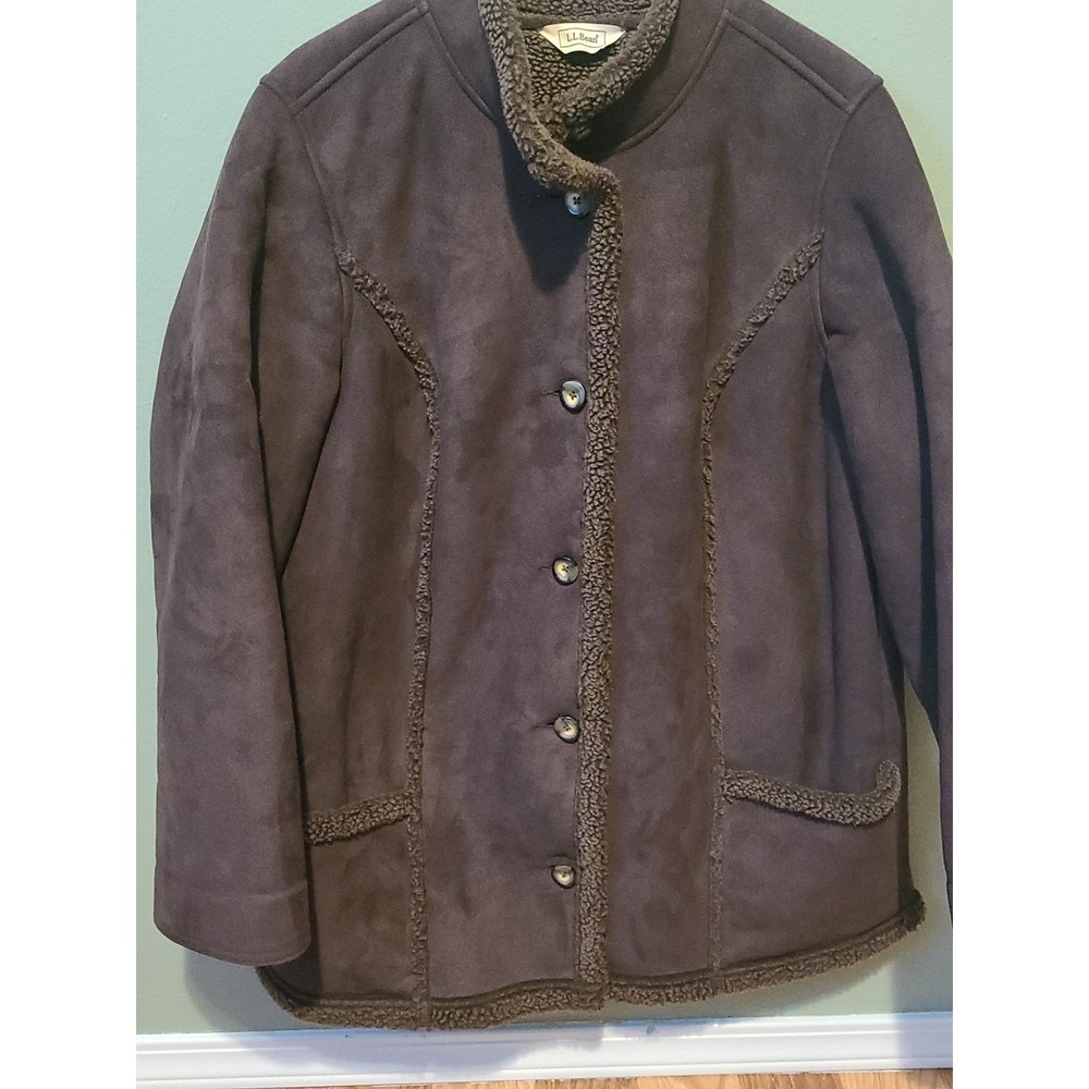 LL Bean Long‎ Brown Coat Faux Suede Sherpa Shearling Lined Polyester WM's 1X - Picture 2 of 9